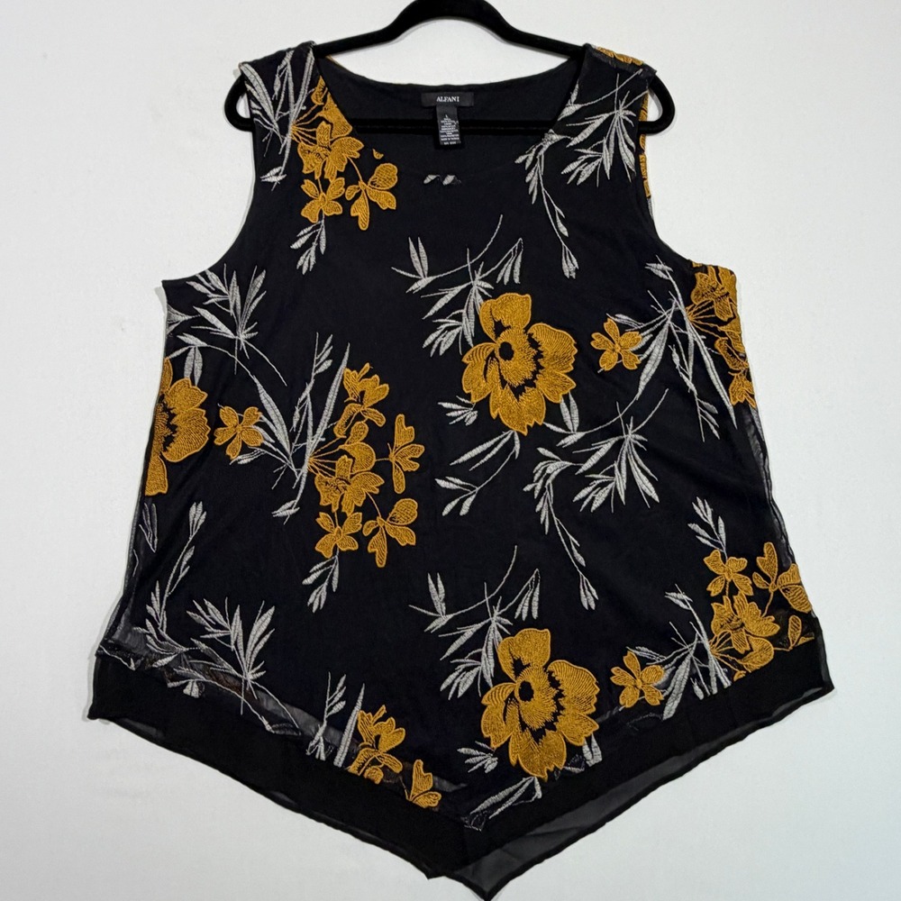 Alfani Womens Blouse Large Black Gold Embroidered Mesh Handkerchief Whimsigoth